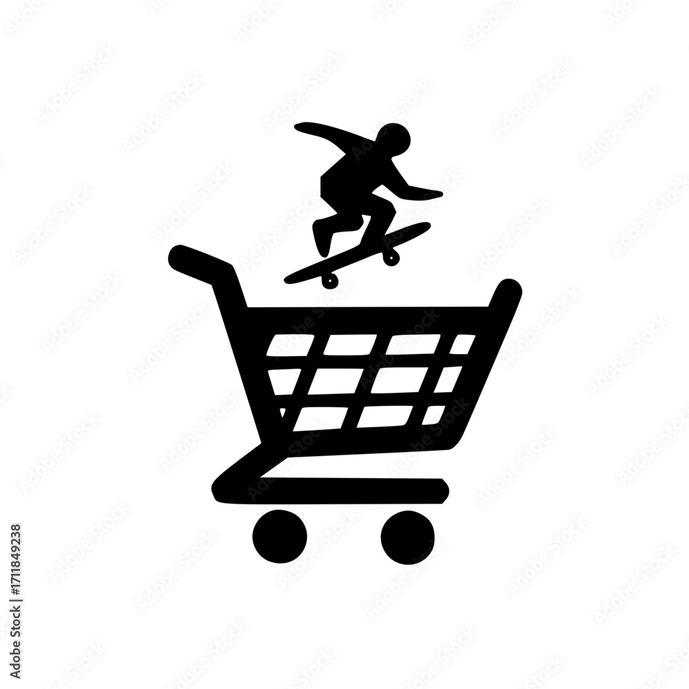 Poster man with skateboard riding or pushing shopping cart in minimal flat vector design