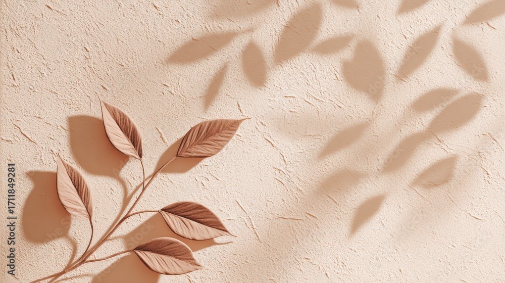 Poster a minimalistic design featuring textured leaves casting soft shadows on a peach-colored wall, creati