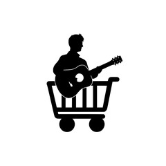 Minimal icon of man with guitar performing on top of trolley isolated in flat style