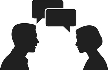 Man and woman talking icon, communication conversation graphic, speech bubble vector, dialogue interaction silhouette, social connection, business discussion