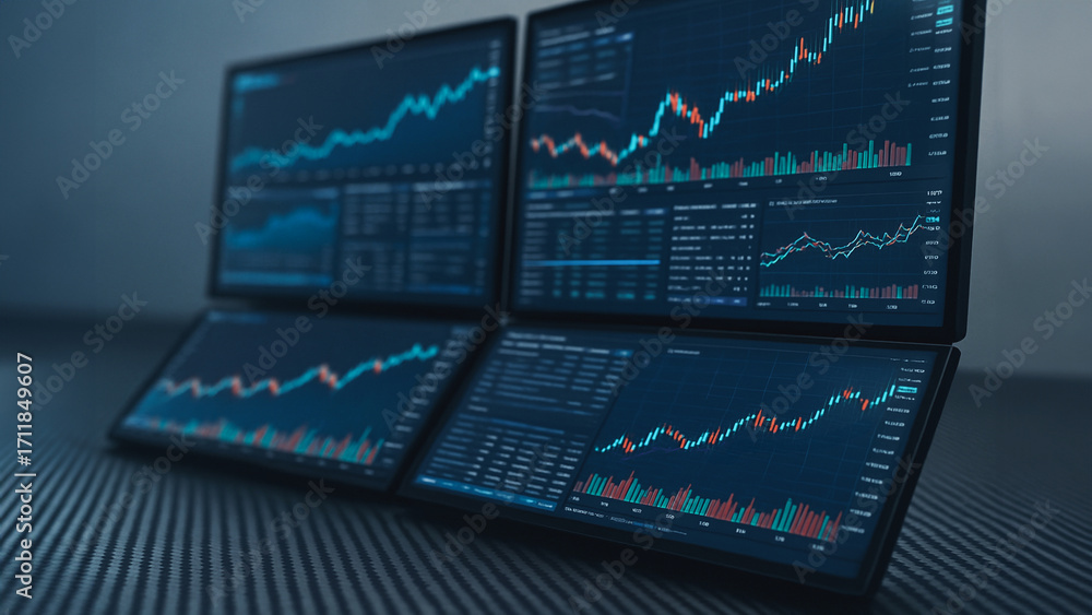 Poster a detailed overview of multiple monitors displaying complex stock market charts and graphs, indicati