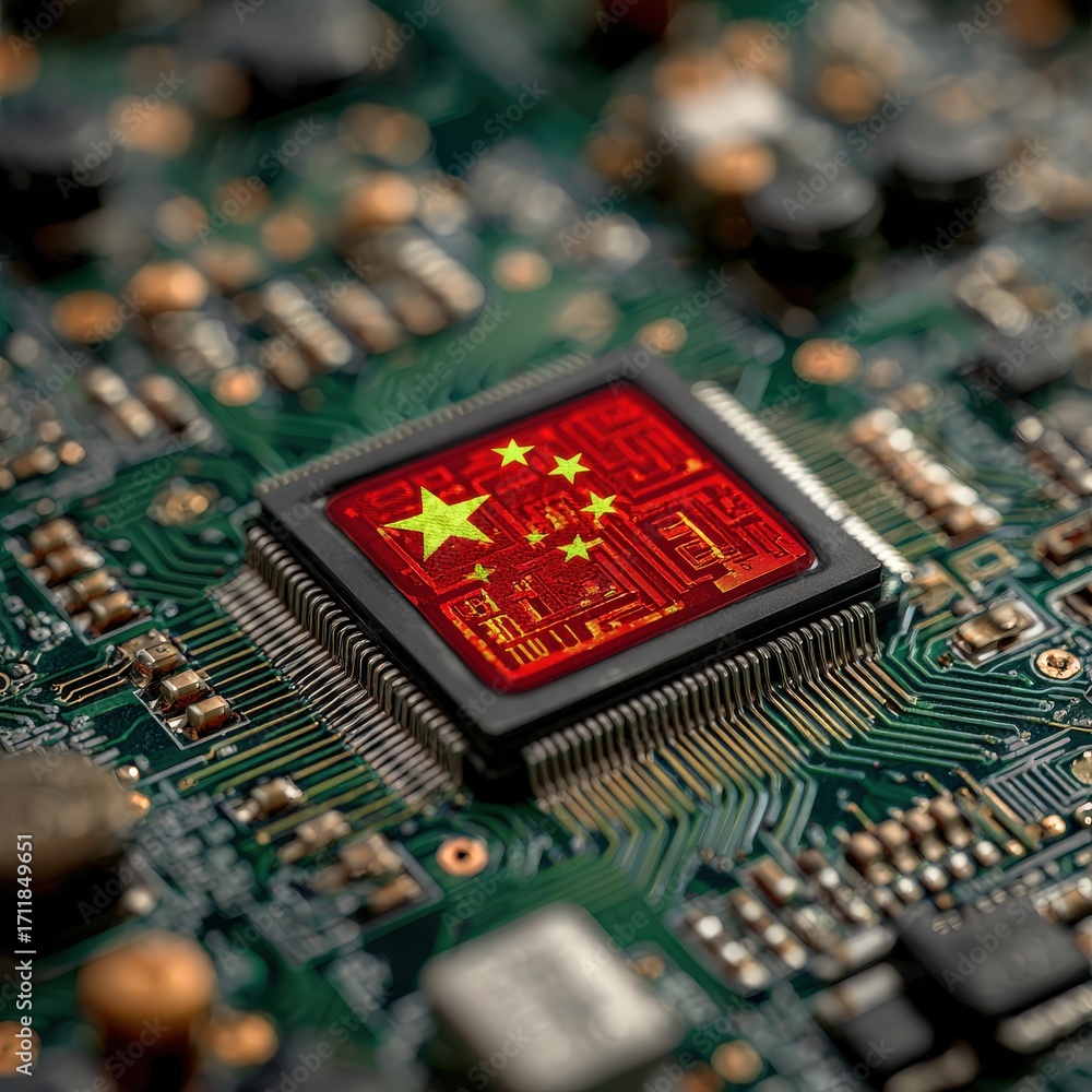 Poster a close-up view of a microchip featuring the colors and design of the chinese flag, set against a de