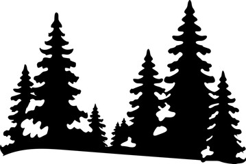 Obraz premium Silhouette of Pine Trees with Snow Layers Winter Scene Vector Illustration, Snow-Covered Pine Trees Silhouette Vector, Winter Forest with Snowy Pines Outline Illustration, Scenic Winter Pine Forest 