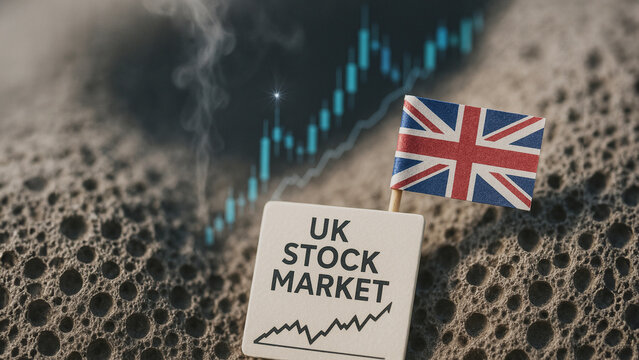 An artistic composition symbolizing the United Kingdom's stock market, featuring a miniature flag, a signpost, and an abstract chart, evoking the dynamic financial landscape.
