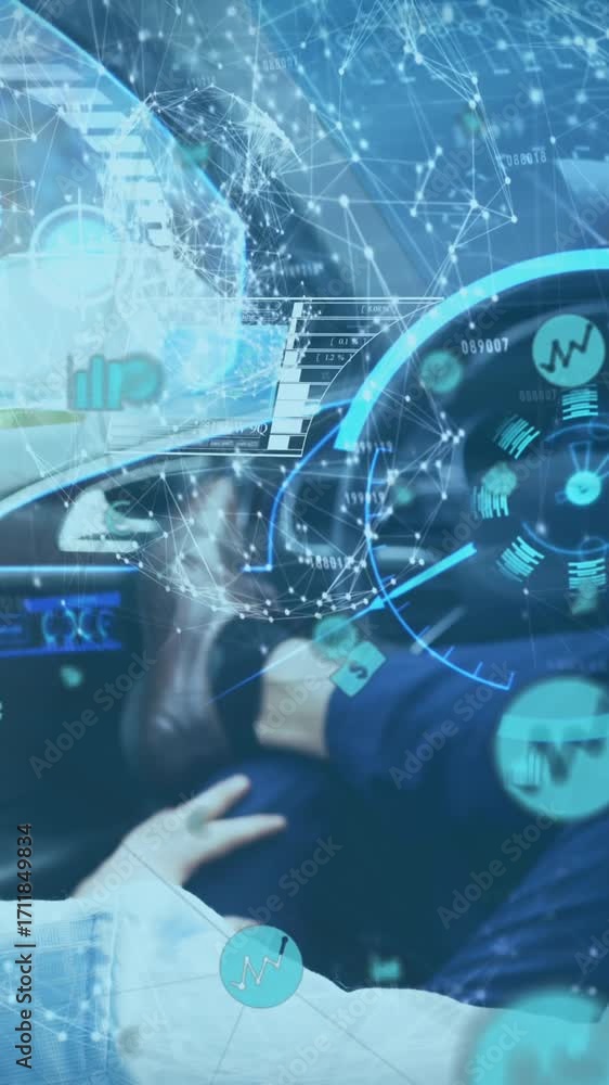 Poster animation of interface and information displays with man in vr headset using self driving car