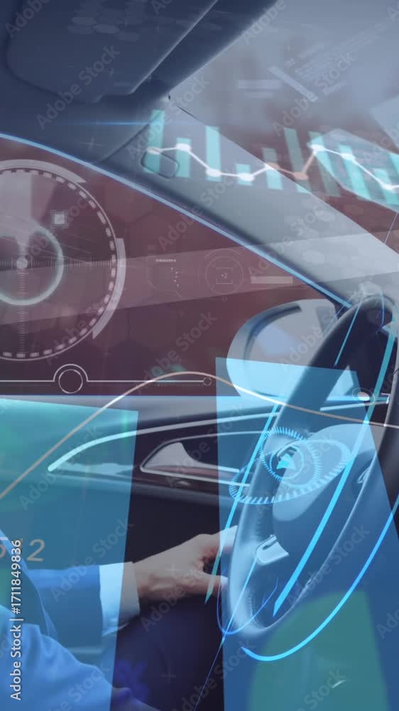 Poster animation of information displays with man using self driving car