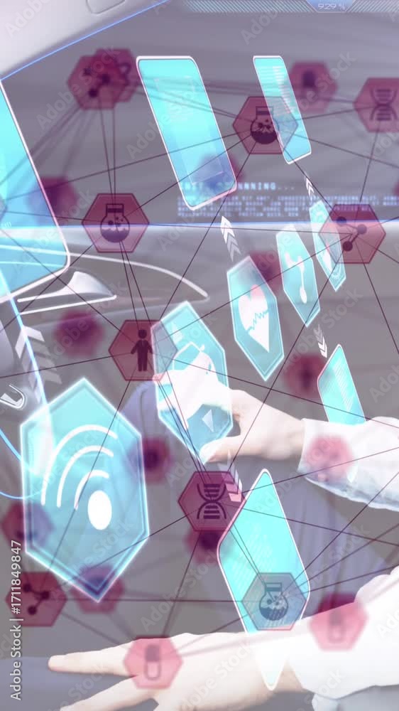 Poster animation of connected icons and information displays with man in vr headset using self driving car