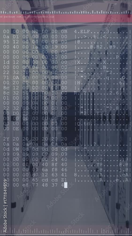 Poster Animation of data processing on computer screen tech room with computer servers