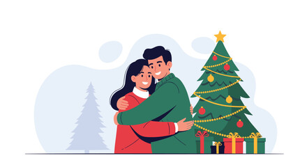 A couple embraces joyfully in front of a decorated Christmas tree and gifts.
