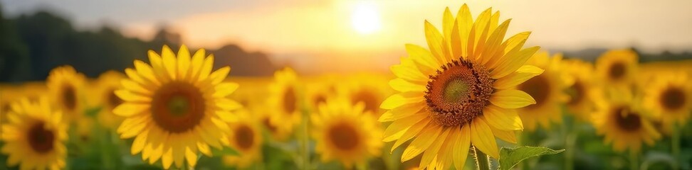 Obraz premium Vibrant sunflowers bask in the golden sunlight, their faces turned towards the sun in a field of bright yellow and green A perfect summer scene of nature's beauty , bloom, summer, flowers
