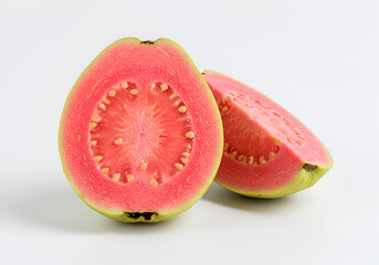 Ripe guava sliced in half showing pink flesh and seeds on white background
