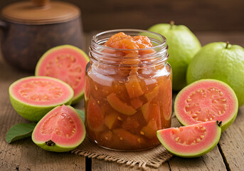 Homemade guava jam in glass jar surrounded by fresh guavas