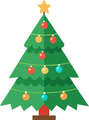 Christmas Tree Decorated with Lights and Ornaments Vector Illustration, Festive Holiday Tree with Baubles and Fairy Lights Cartoon Vector, Traditional Christmas Tree with Decorations and Shining Star 