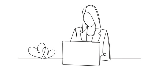 Continuous line art of a businesswoman working in front of a laptop with a heart-shaped line next to her. Vector illustration.
