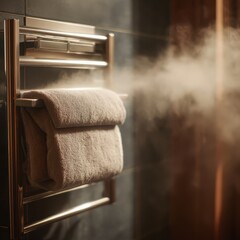 A towel rack with a towel hanging on it