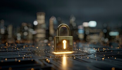 Golden Padlock on Circuit Board, Cityscape Background