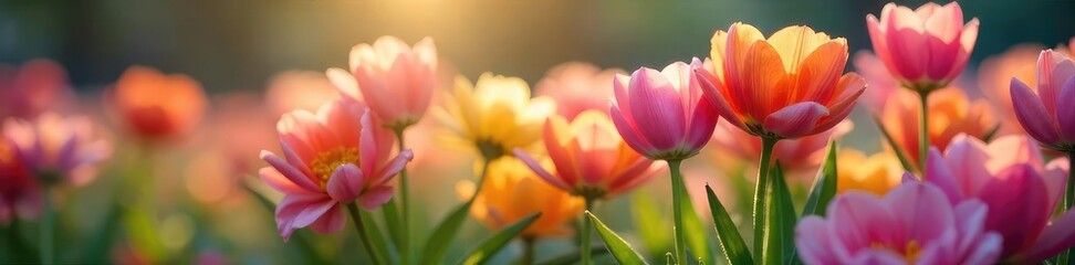 Fototapeta premium Whimsical close-up of blooming flowers emerging from a bed, vibrant colors, soft lighting, natural beauty, spring awakening , vibrant hues, green