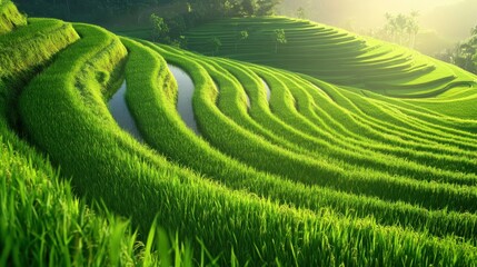 Fototapeta premium A lush rice terrace in Bali, morning mist rising, warm sunlight hitting the green fields