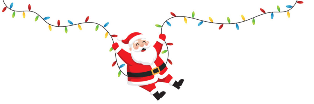 Santa Claus hanging from Christmas lights. Holiday illustration on a transparent background. - Powered by Adobe