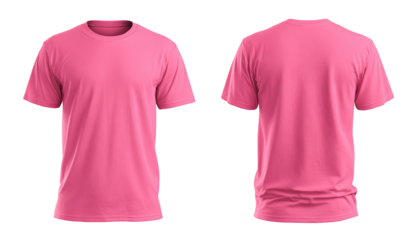 Front and back view of a plain, vibrant pink t-shirt