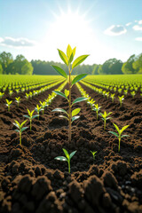 A young green plant sprouting from soil with sunlight in the background