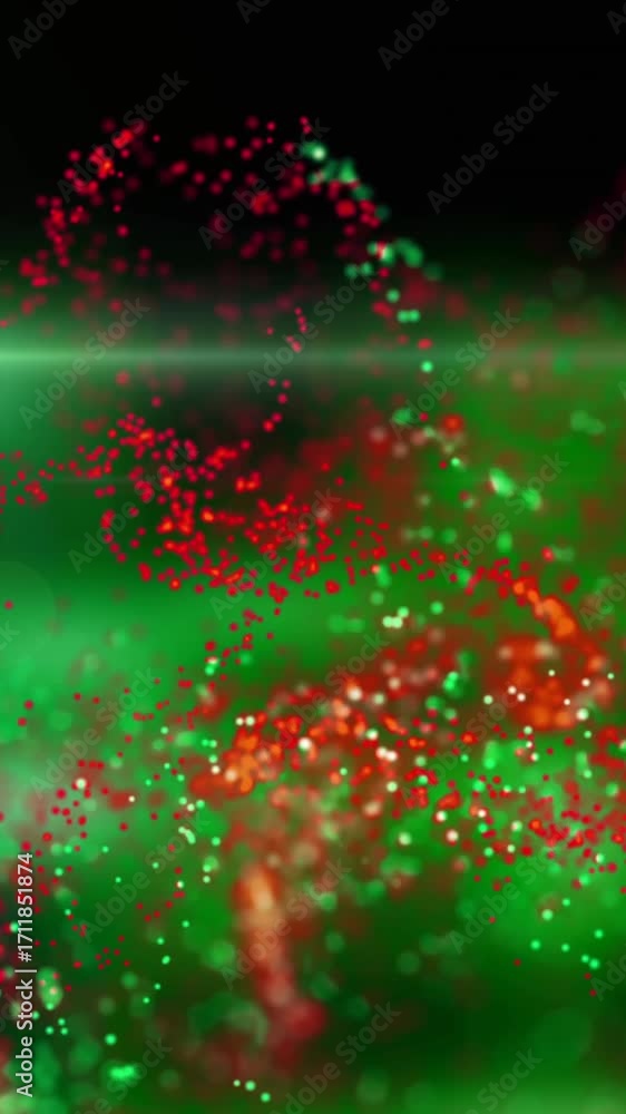 Poster animation of green and red particles moving with green light on black background