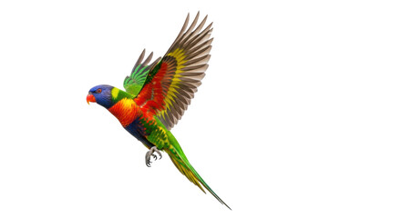 Isolated colorful lorikeet is flying in the air, its wings and feathers are in motion, active bird