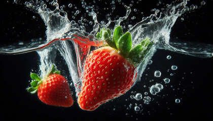 Fresh Strawberry Splashing into Water on Black Background