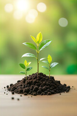 A young green plant sprouting from soil with sunlight in the background