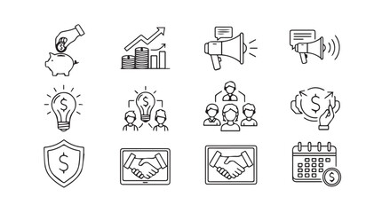 Collection of business and finance icons in a hand drawn silhouette style