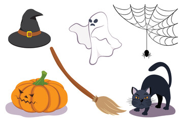 Halloween set. Elements design, ghost, pumpkin, cat, spider and witch hat. Cartoon characters on white background.
