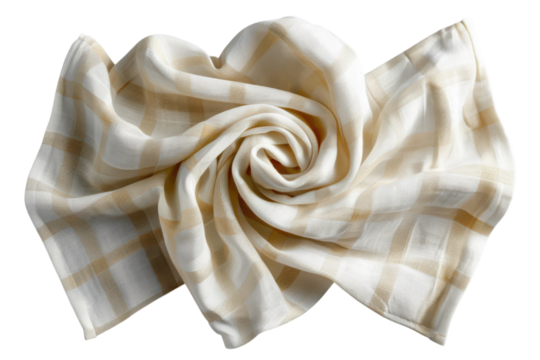Beige and white checkered fabric is draped and swirled creating soft folds on transparent background