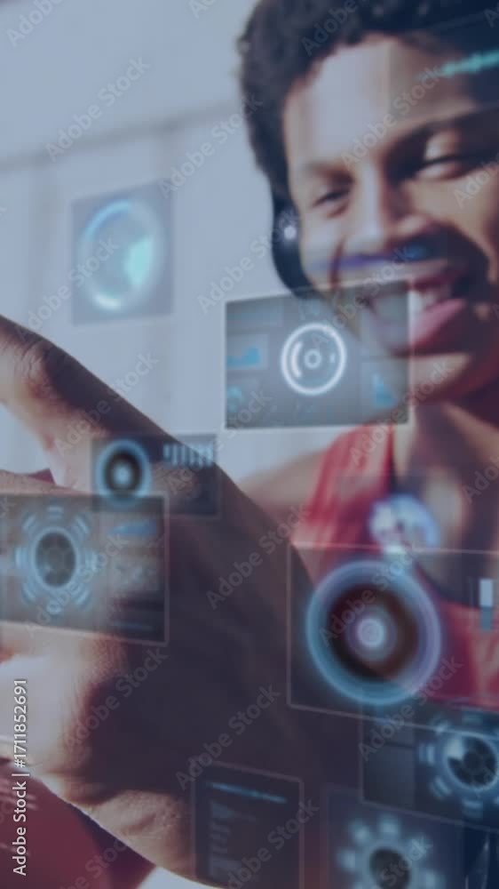 Poster animation of digital screens over smiling man using smartphone