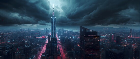 Futuristic Cityscape at Night Under a Dramatic Sky