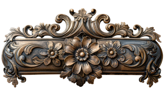 Ornate bronze floral embellishment with intricate scrollwork and flower details on transparent background