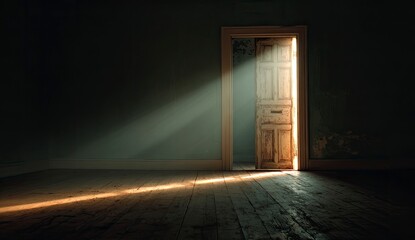 Sunbeam through open door in dark room