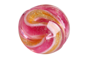 Swirling lollipop candy with pink orange and white stripes and gold glitter on transparent background