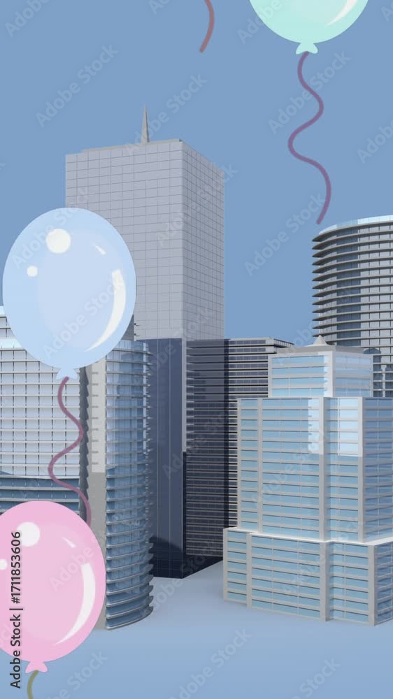 Poster digital animation of multiple balloons floating over 3d tall buildings model against blue background