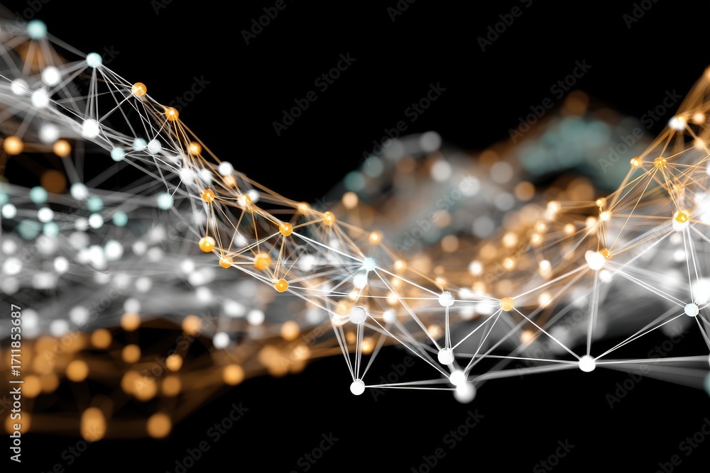 Poster abstract digital network illustration featuring interconnected nodes and lines in various colors aga