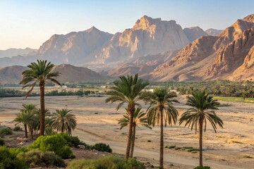 A beautiful landscape photo of tall palm trees in a sun-drenched desert valley with golden mountains