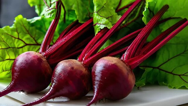 Three red beetroots with green leafy tops.
