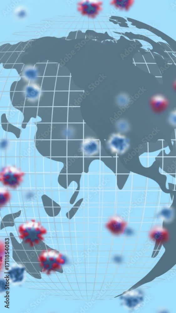 Poster animation of macro covid-19 cells floating on blue background with a globe model