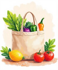 Fresh Produce in a Reusable Canvas Bag with Colorful Vegetables and Greenery for Sustainable Living and Healthy Eating Inspiration