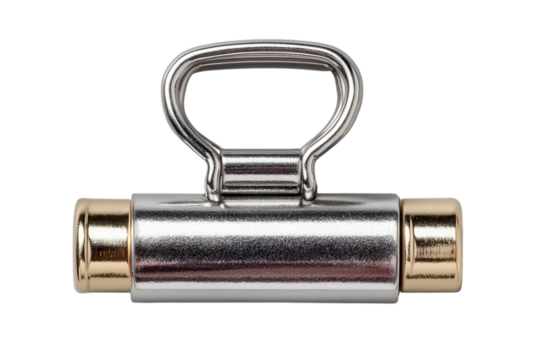 Silver and gold metal fuse puller tool for electrical maintenance work on transparent background