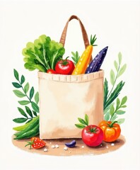 Fresh Vegetables and Fruits in Eco-Friendly Tote Bag with Hand-drawn Style Illustrating Natural Products and Healthy Eating Habits