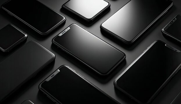Black Smartphones Arranged on Dark Surface