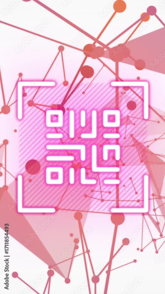 Poster animation of qr code over connections and shapes on white background
