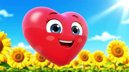 Cute Cartoon Red Heart Character Smiling in a Sunny Sunflower Field with Blue Sky Background - Animated Love and Happiness Scene for Kids - Powered by Adobe