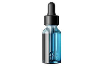 Blue liquid in a clear glass dropper bottle with a black cap for essential oils or serum on transparent background