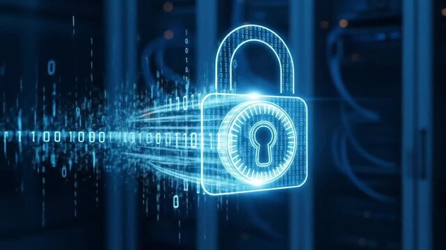 In a futuristic data center, a radiant digital lock symbolizes secure data and impenetrable cybersecurity measures.